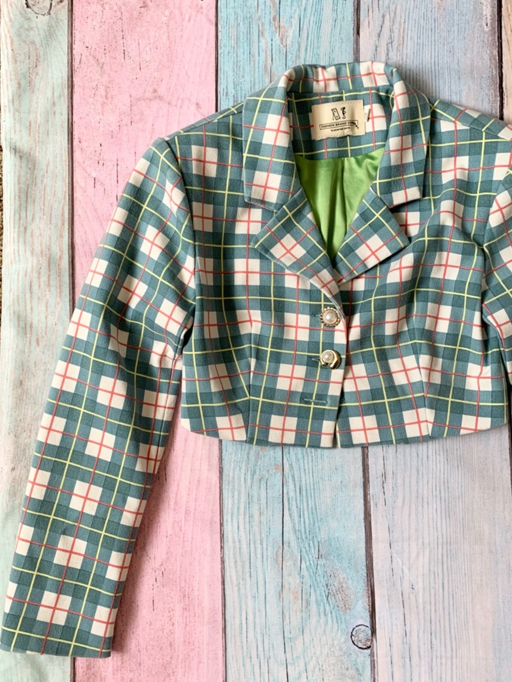 Fashion Brand Company Cropped Plaid Blazer and skirt set in Teal, White and Pink - Picture 2 of 13